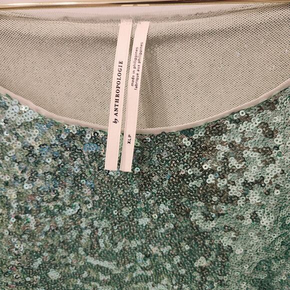 Anthropologie boxy cropped green sequin blouse size XLP - Picture 4 of 7